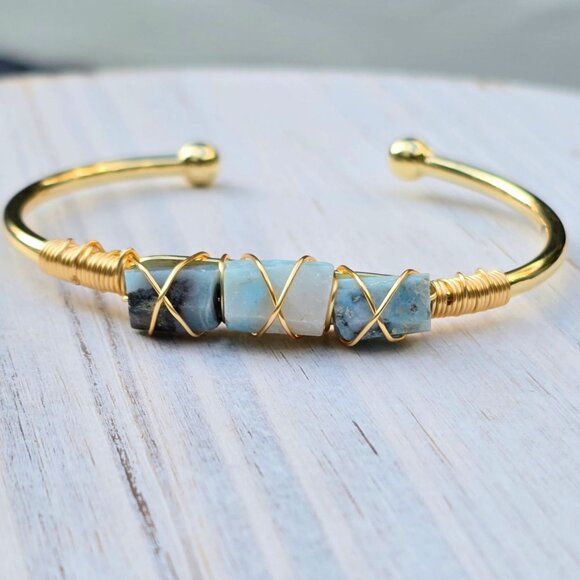 Larimar 3-Stone Wire Wrap Cuff – 14Kt Gold Over Copper – Ocean Calm Talisman - Picture 11 of 13